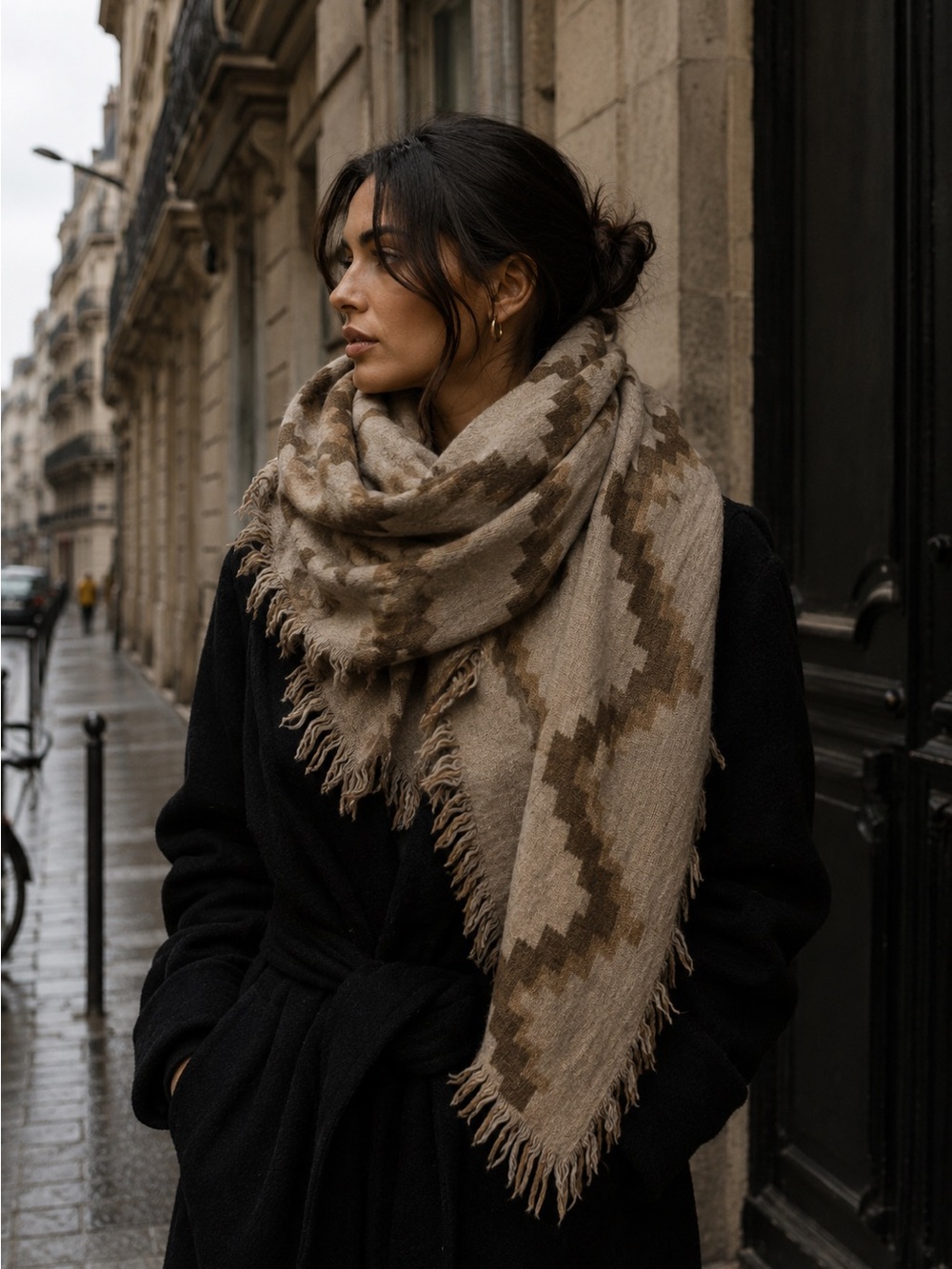 Wilfred Aritzia Wool Blanket Scarf Beige Aztec Fringe Boho Cozy Wrap Shawl Fall
